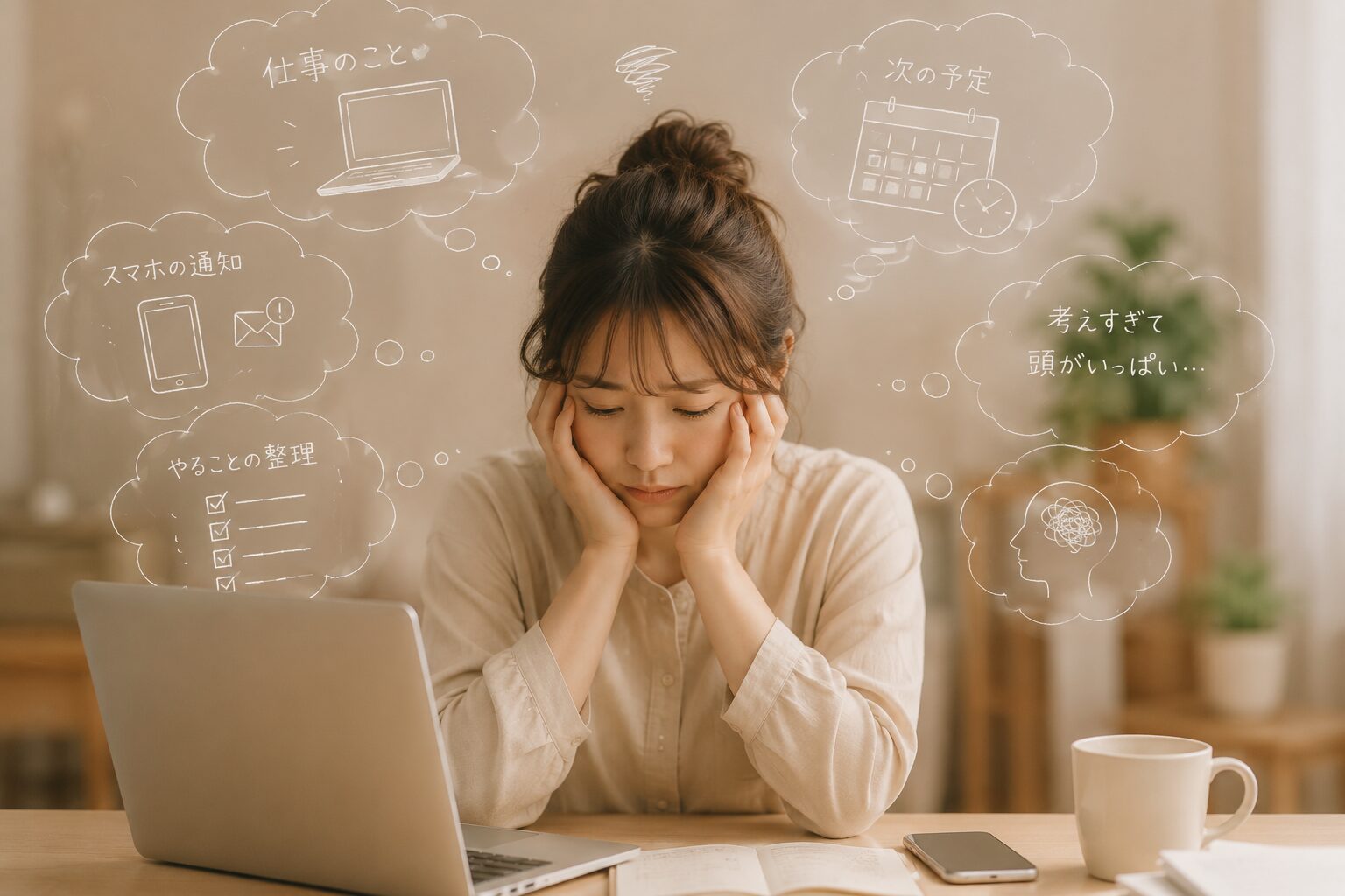 仕事や予定など考えごとが頭の中で続いて疲れている女性のイメージ