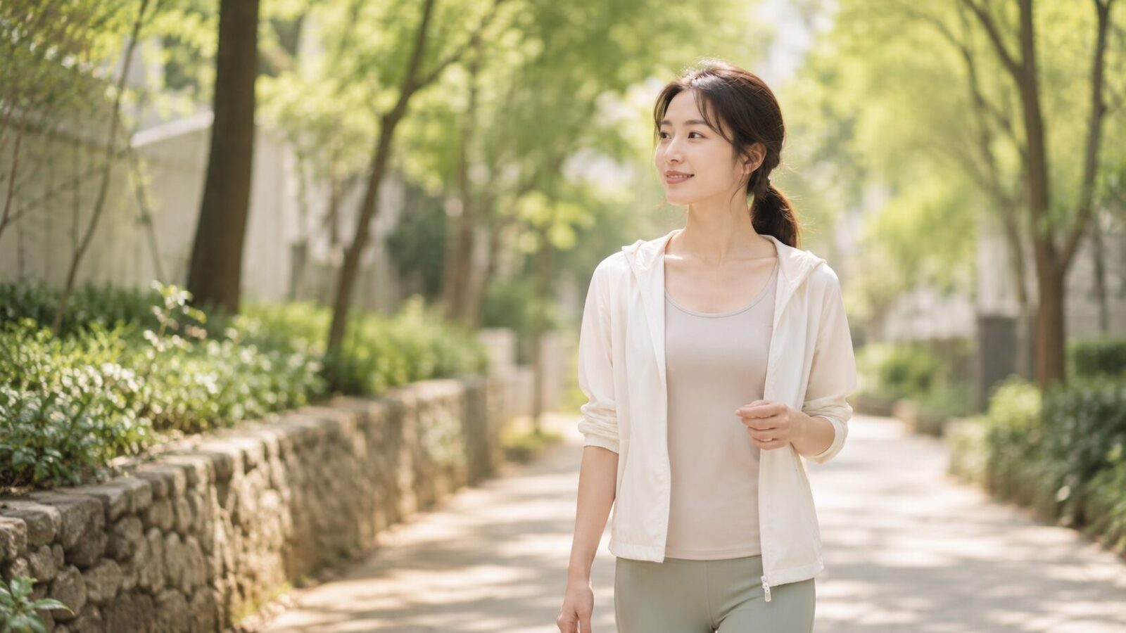 頭を休めるセルフケアとして緑の多い道をウォーキングする女性