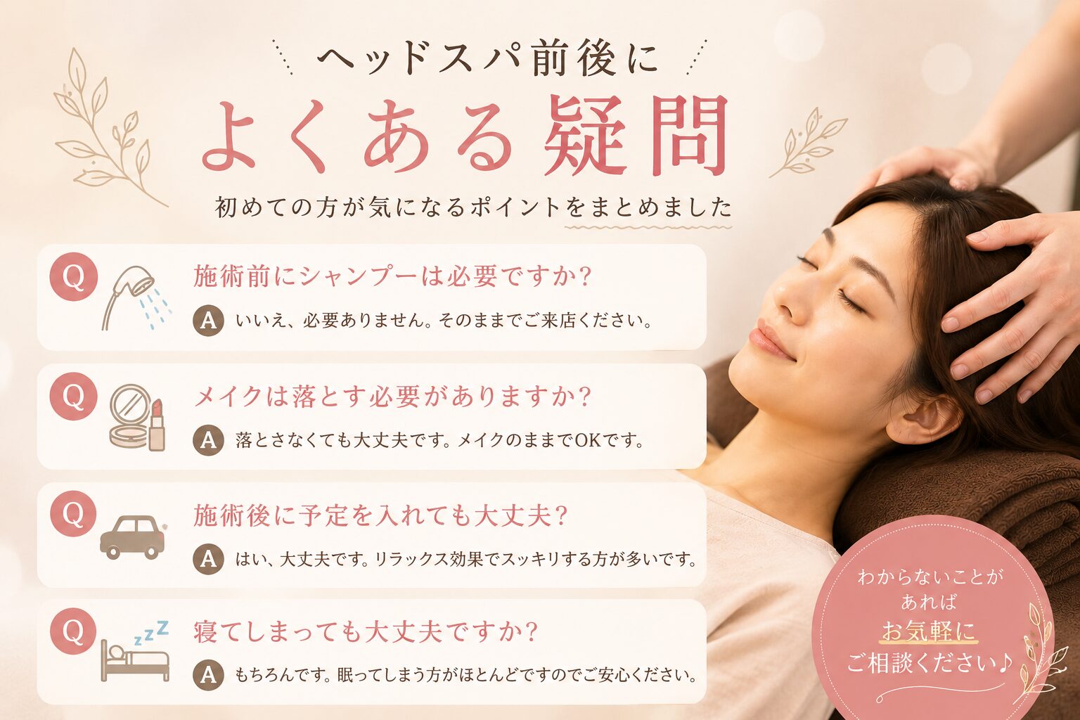 ヘッドスパ前後によくある疑問をまとめたイメージ画像