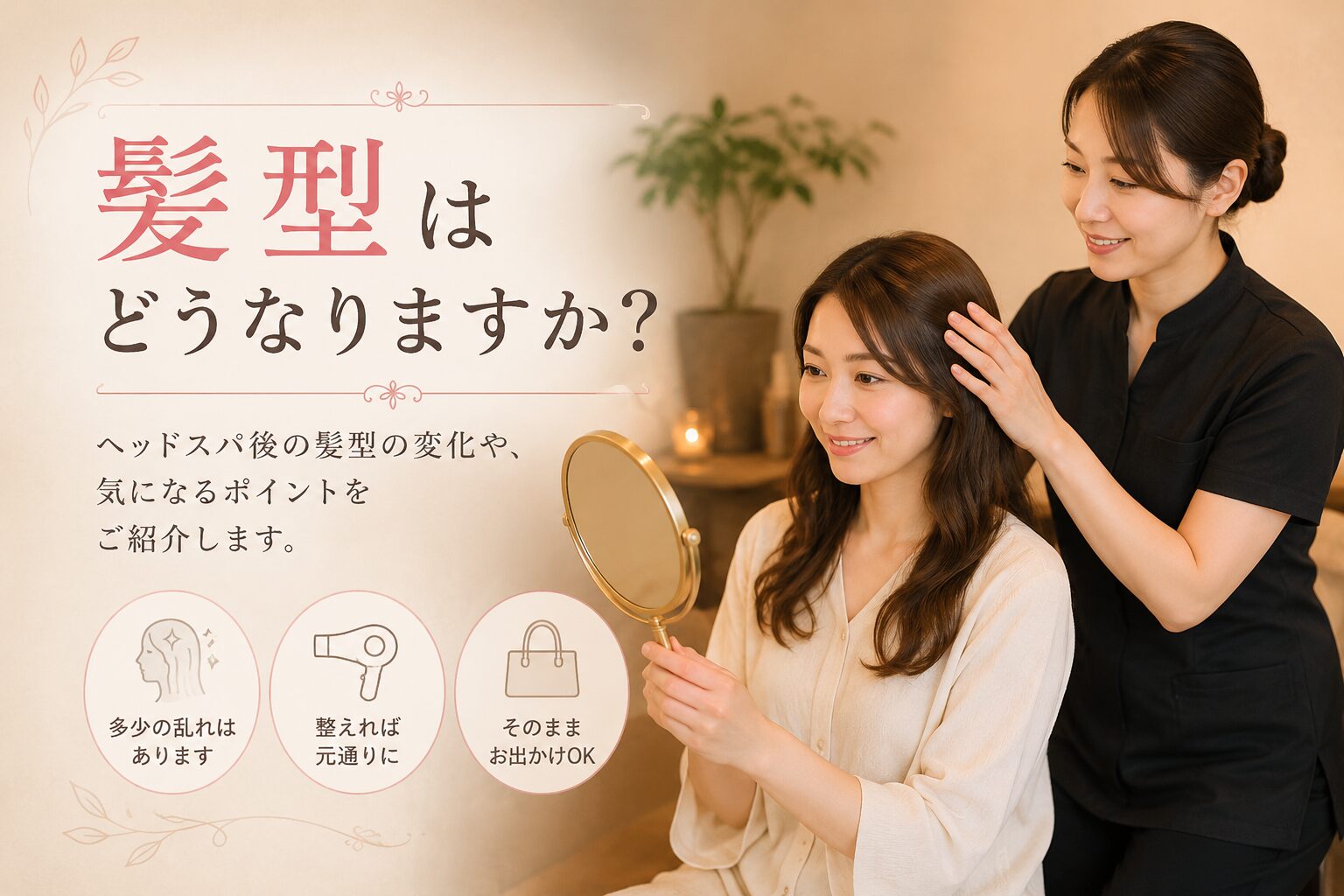 ヘッドスパ後の髪型や身だしなみを確認している女性