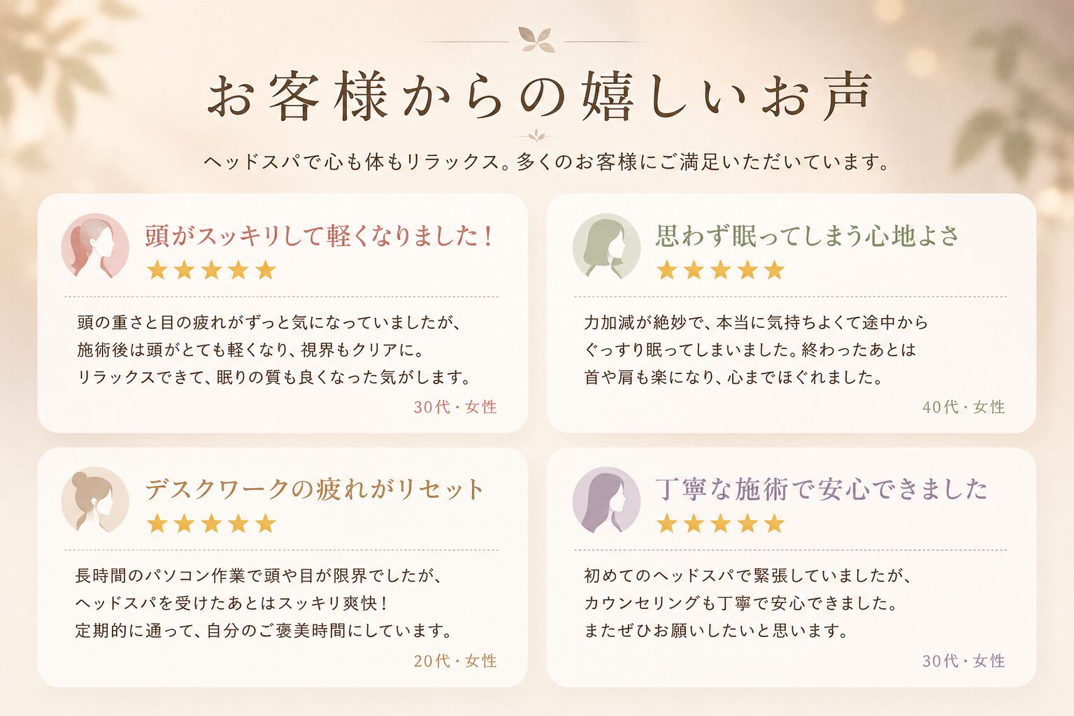 ヘッドスパを受けたお客様の口コミや感想を紹介するイメージ画像
