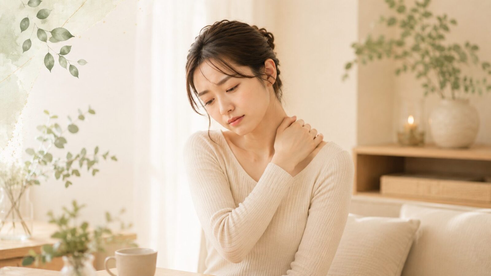 頭の重さと一緒に首肩のこりを感じている女性