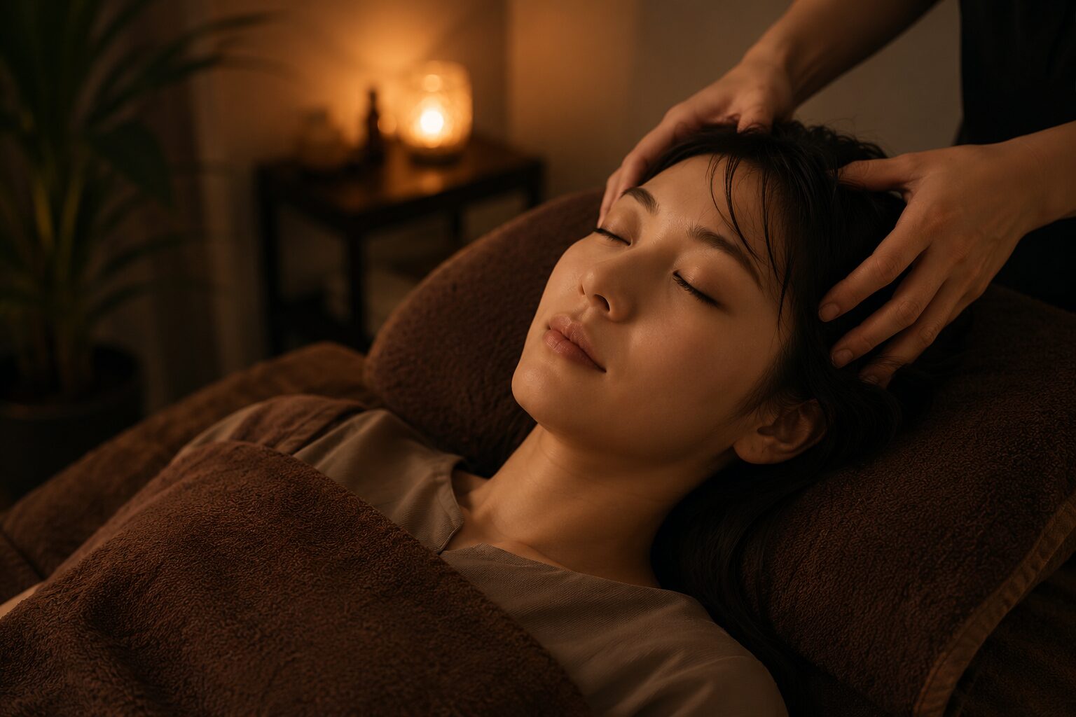 少し暗めのリラクゼーションサロンでヘッドスパを受けながら眠っている女性