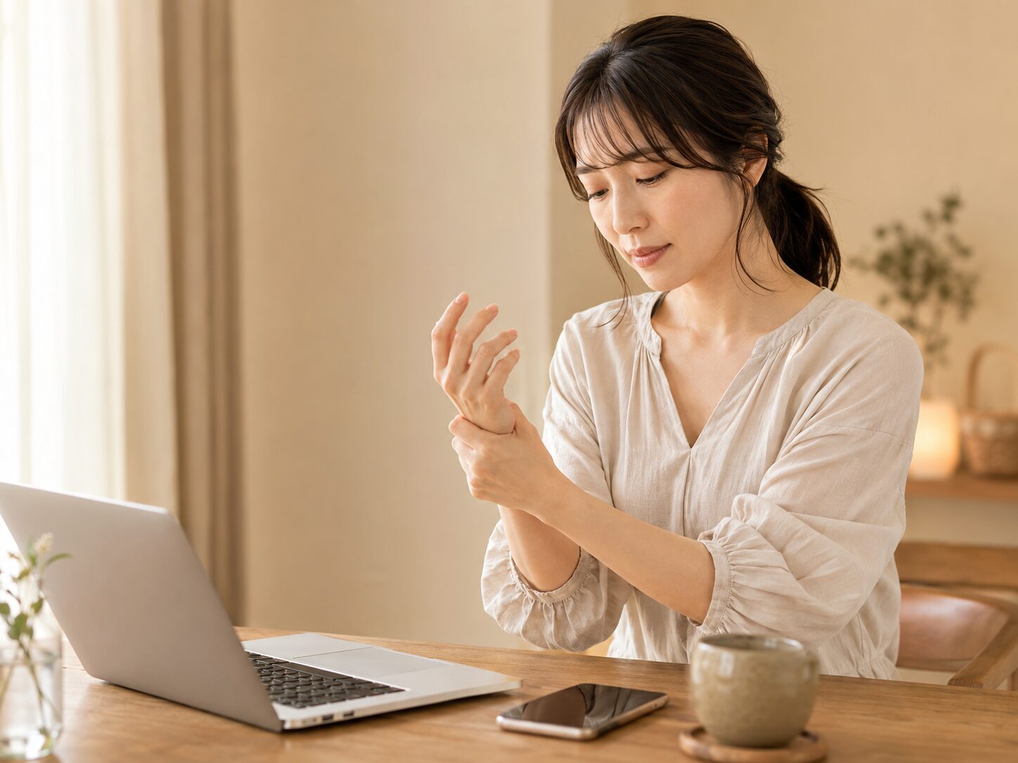 パソコン作業の合間に手首を押さえる女性