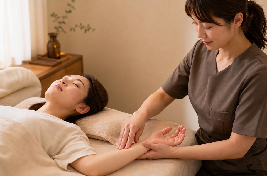 ベッドで手のひらから腕のハンドリフレを受ける様子